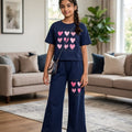 Nine Heart Print Navy  Baggi Trouser Shirt Girls