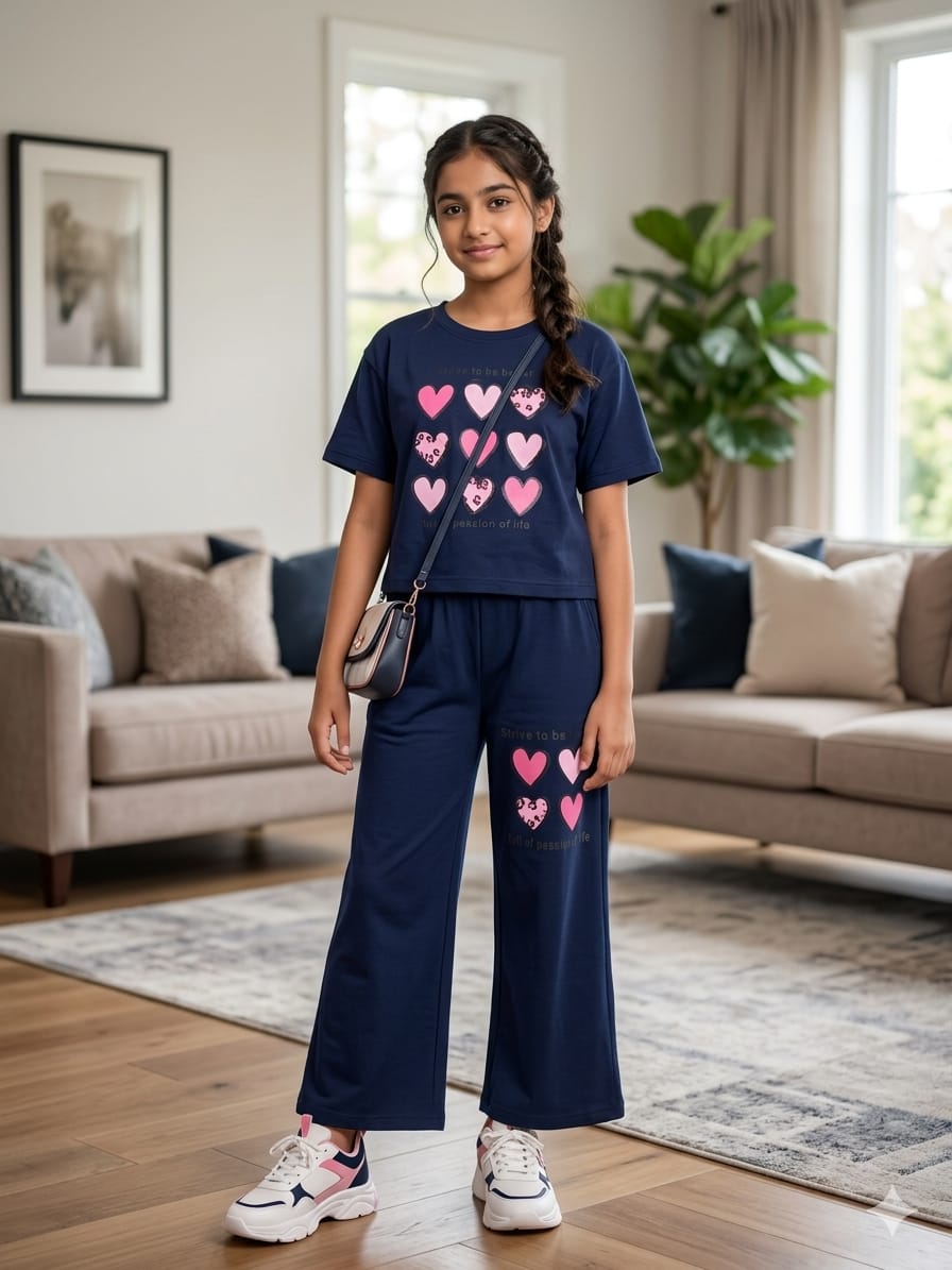 Nine Heart Print Navy  Baggi Trouser Shirt Girls