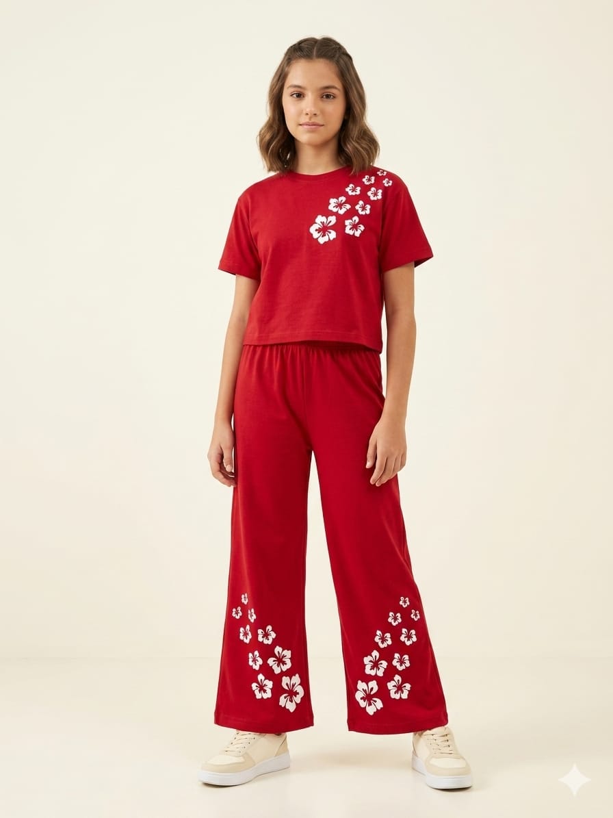 Right Side Flowers Red Baggi Trouser Shirt Girls