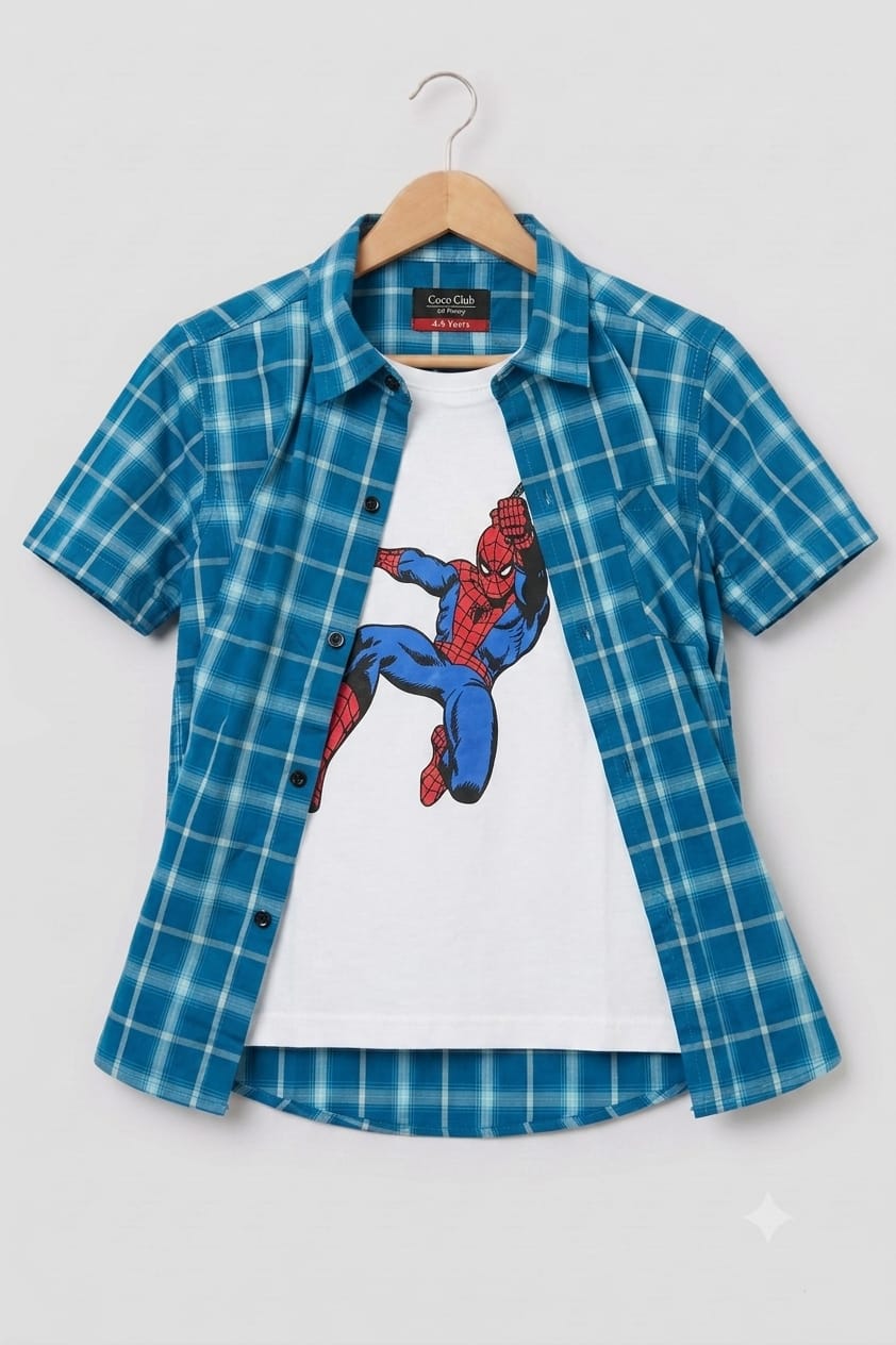 Spiderman Print White Inner Blue Double Casual Shirt Boys (R-293N)
