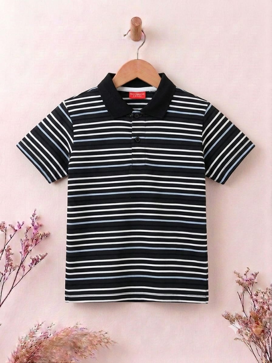 Black White Striper Black Collar T-Shirt Boys