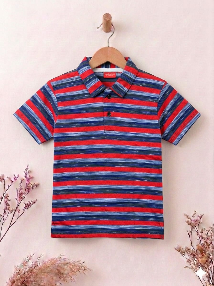Red Line Print Gray Collar T-Shirt Boys