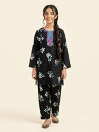 Front Embroidery White Flower Black 2Pcs Suit Girls