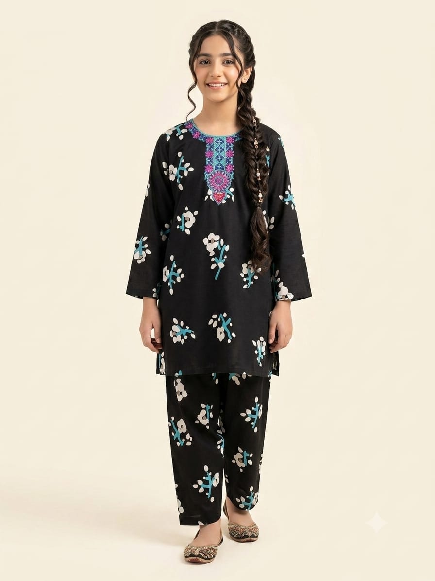 Front Embroidery White Flower Black 2Pcs Suit Girls (R-426)
