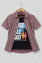 Surf All Day Gray Red Check Double Casual Shirt Boys