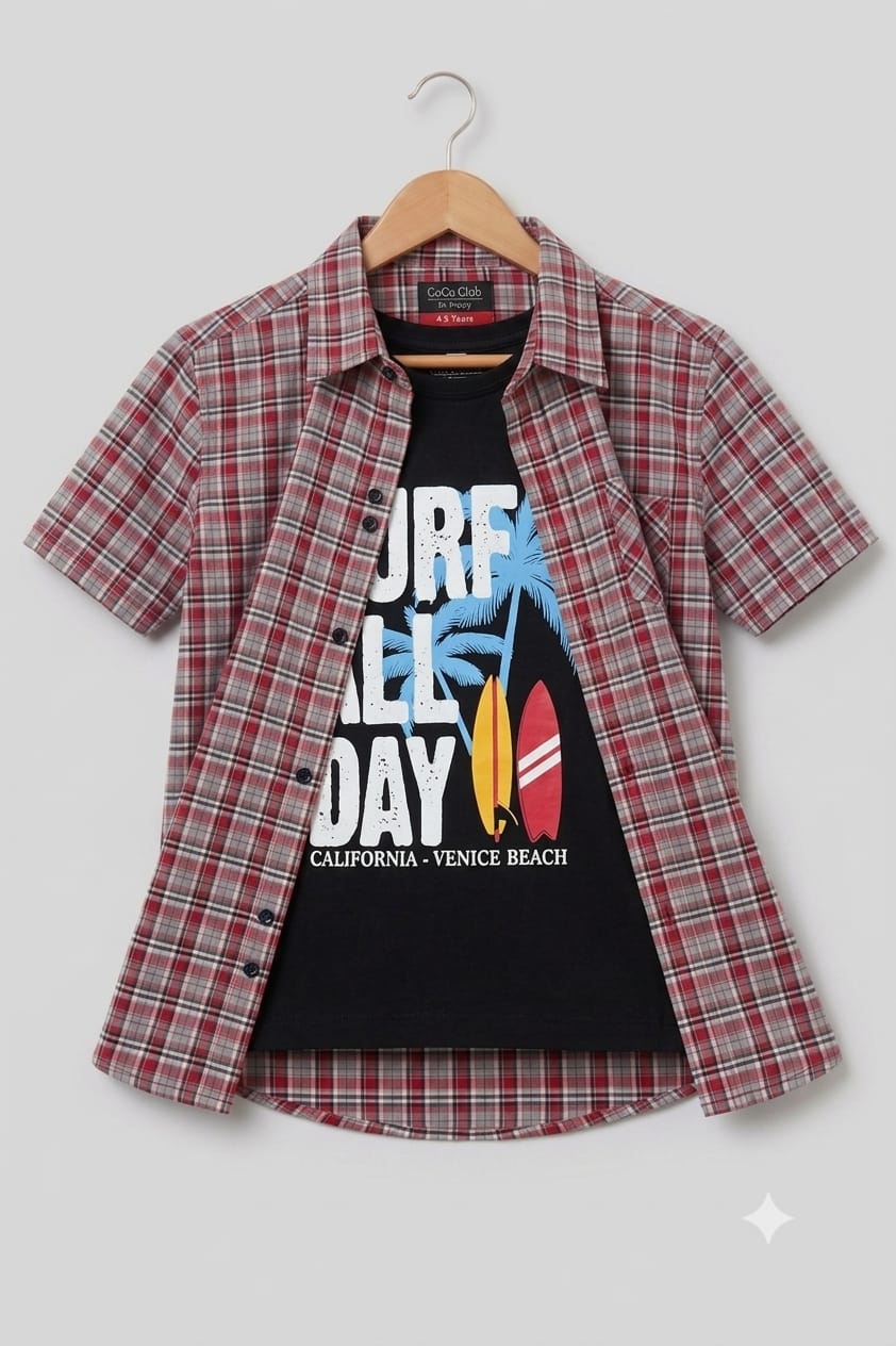 Surf All Day Gray Red Check Double Casual Shirt Boys
