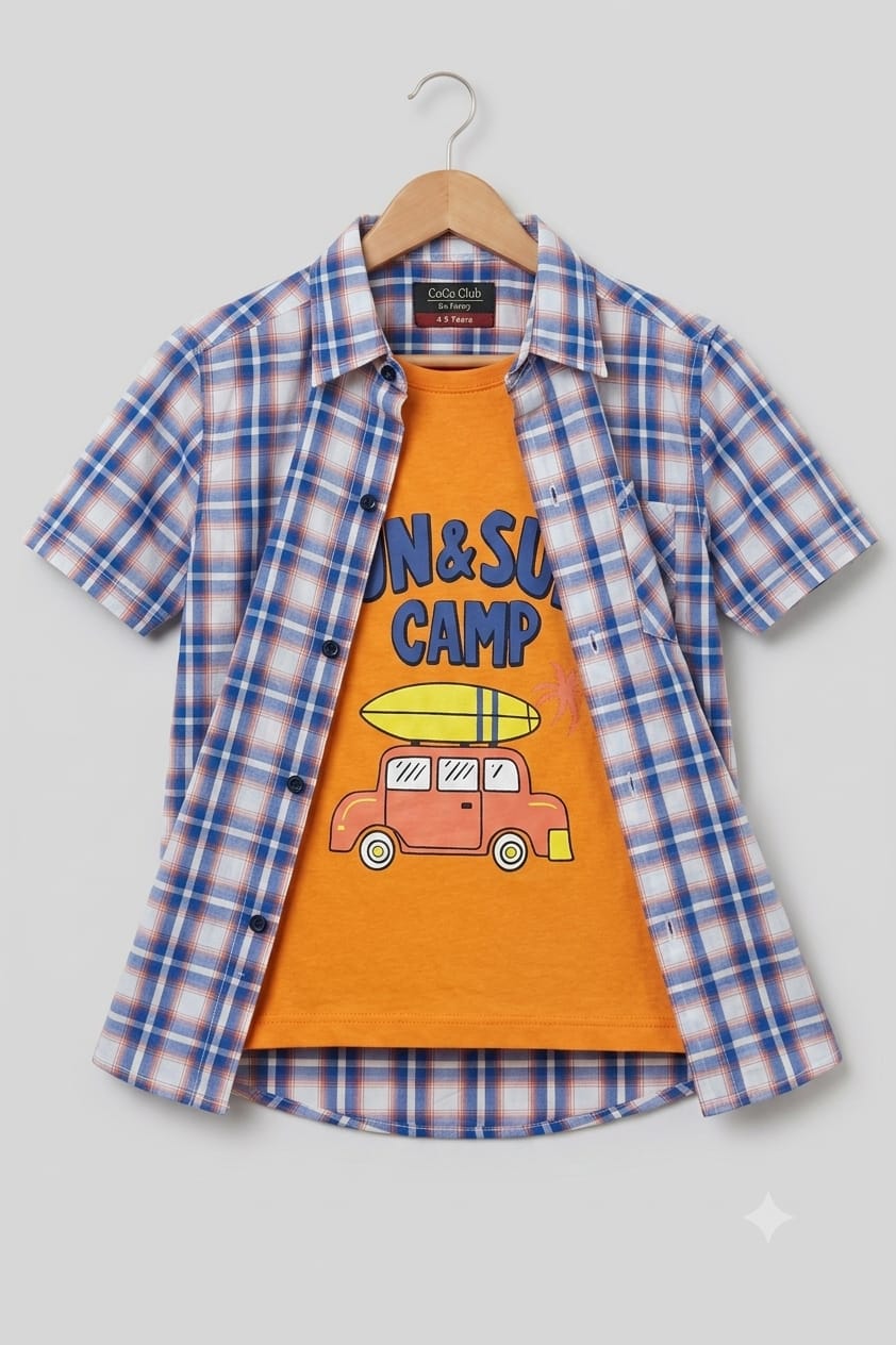 Sun Surf Orange Inner Blue Check Double Casual Shirt Boys