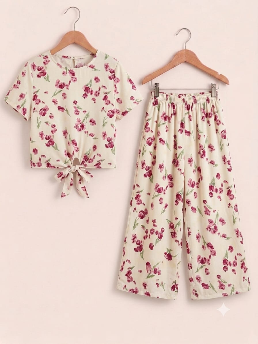 Dark Pink Flower Half Sleeve Peach Skate Fish-Girls (R-346,333)
