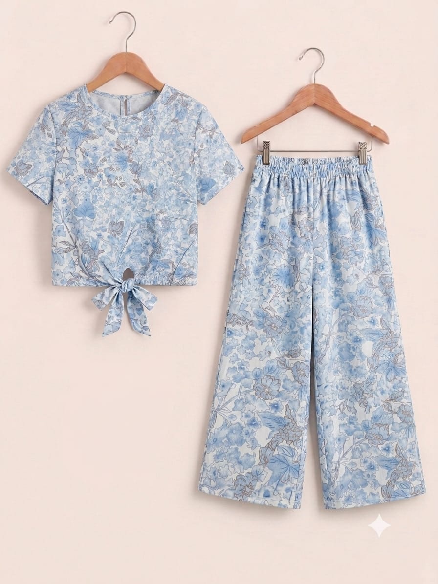 Sky Flower & Leaves Half Sleeve White Skate Fish- Girls (R-506)