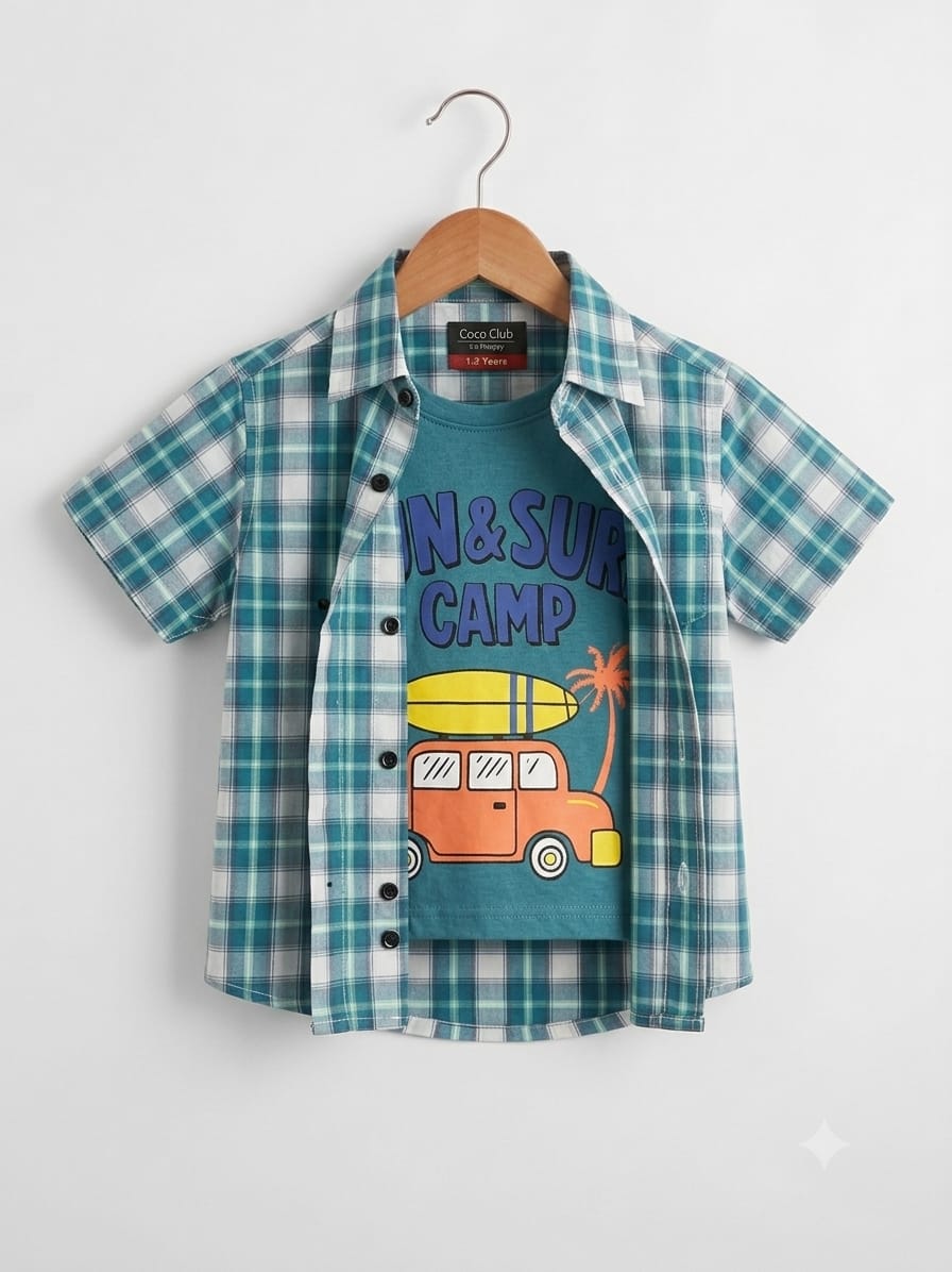 Car Print C-Green Inner Double Casual Shirt-Boys(R-364)