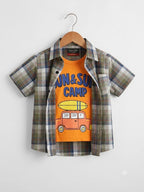 Car Print Orange Inner Double Casual Shirt-Boys