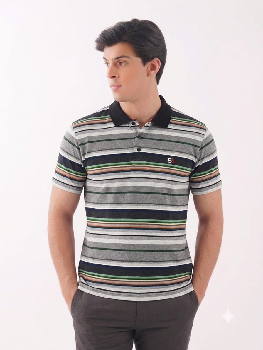 CharcoalStriper Oatemal Collar T-Shirt-Mens