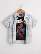 Red And Sky Lines Print Black Inner double Casual Shirt-Boys