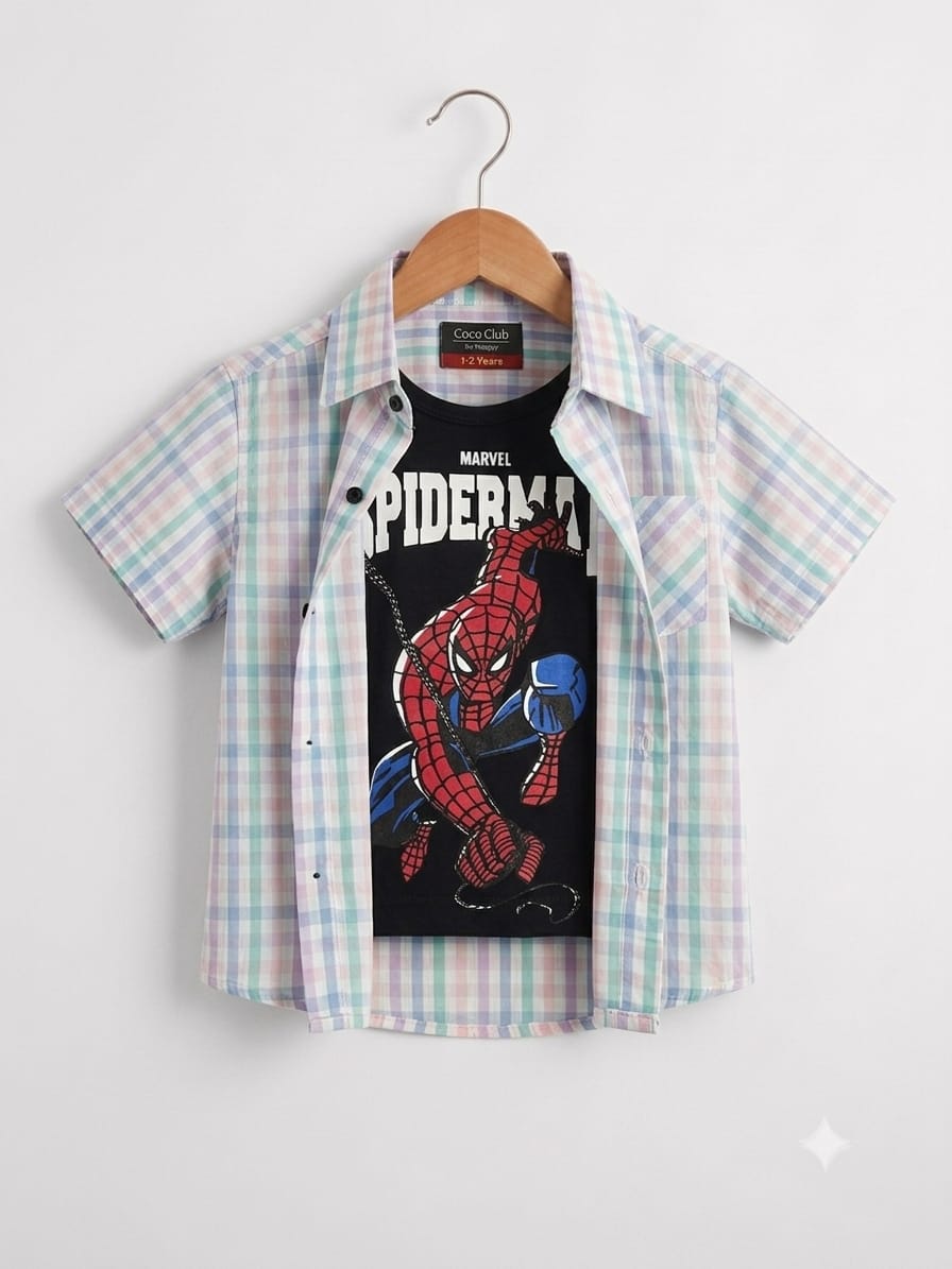 Red And Sky Lines Print Black Inner double Casual Shirt-Boys