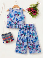 Pink Blue Leaves Sleeveless Sky Pairs- Girls