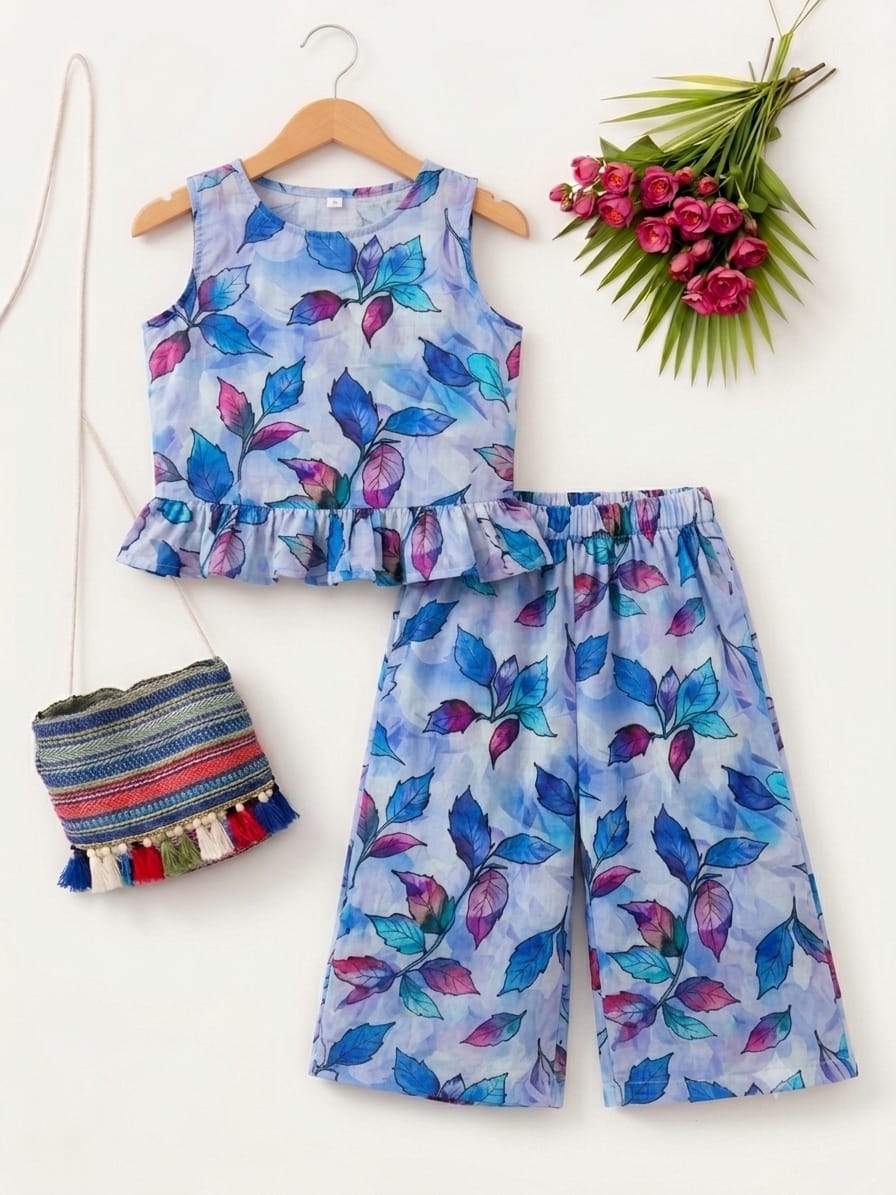 Pink Blue Leaves Sleeveless Sky Pairs Girls(R-198)