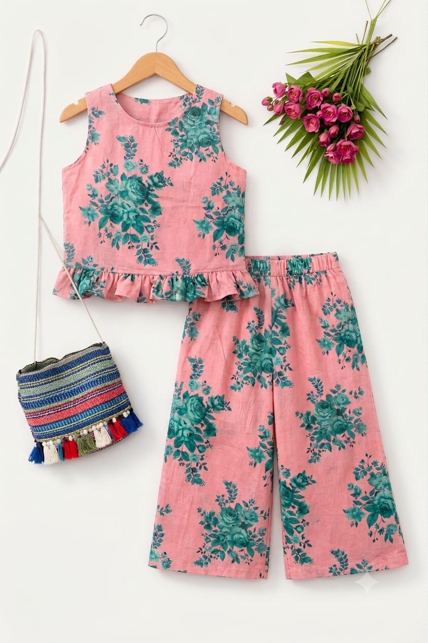 Rose Flower Sleeveless Pink Pairs Girls (R-268)
