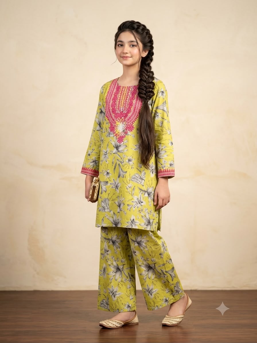 Grey Flowers Embroidery Yellow Suit- Girls(R-243)