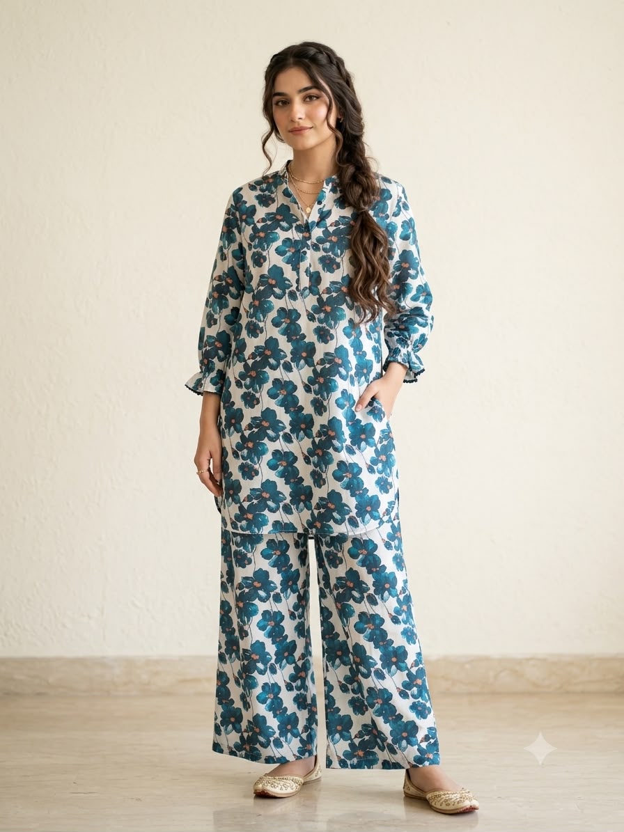 C- Green Flowers Print White Suit-Girls