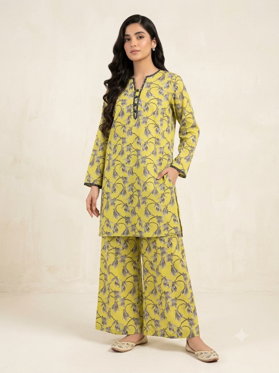 Gray Flower Yellow Two Pieces Suit- Women(373N)
