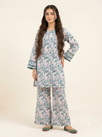 C Green Flower White Frock 2 Pcs Suit For Women