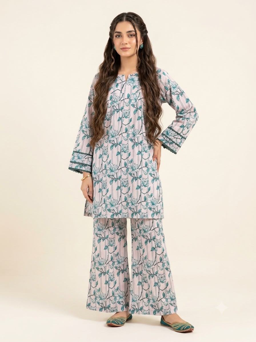 C Green Flower White Frock 2 Pcs Suit For Women(R-374N)