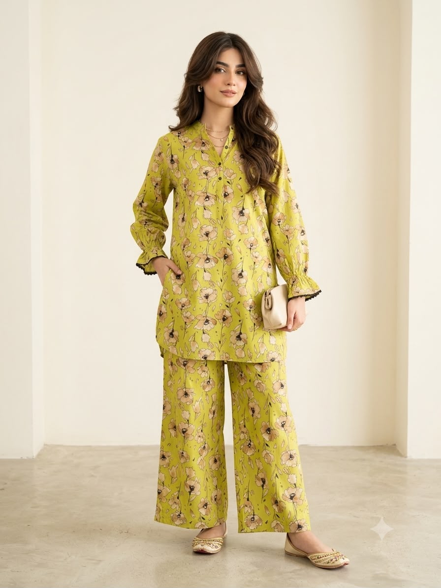 Brown Flower Print Yellow Two Pieces- Women