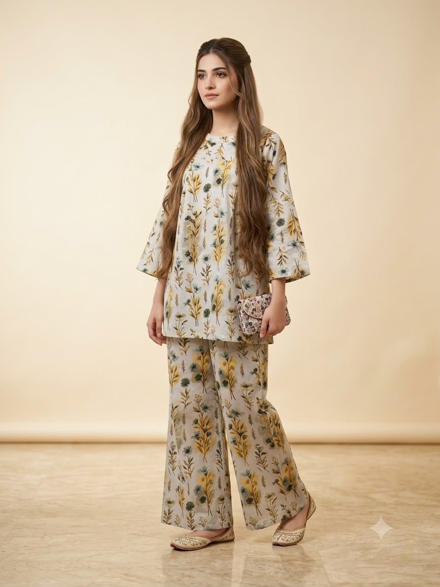 Brown & Blue Leaves Print Skin Suit- Woman