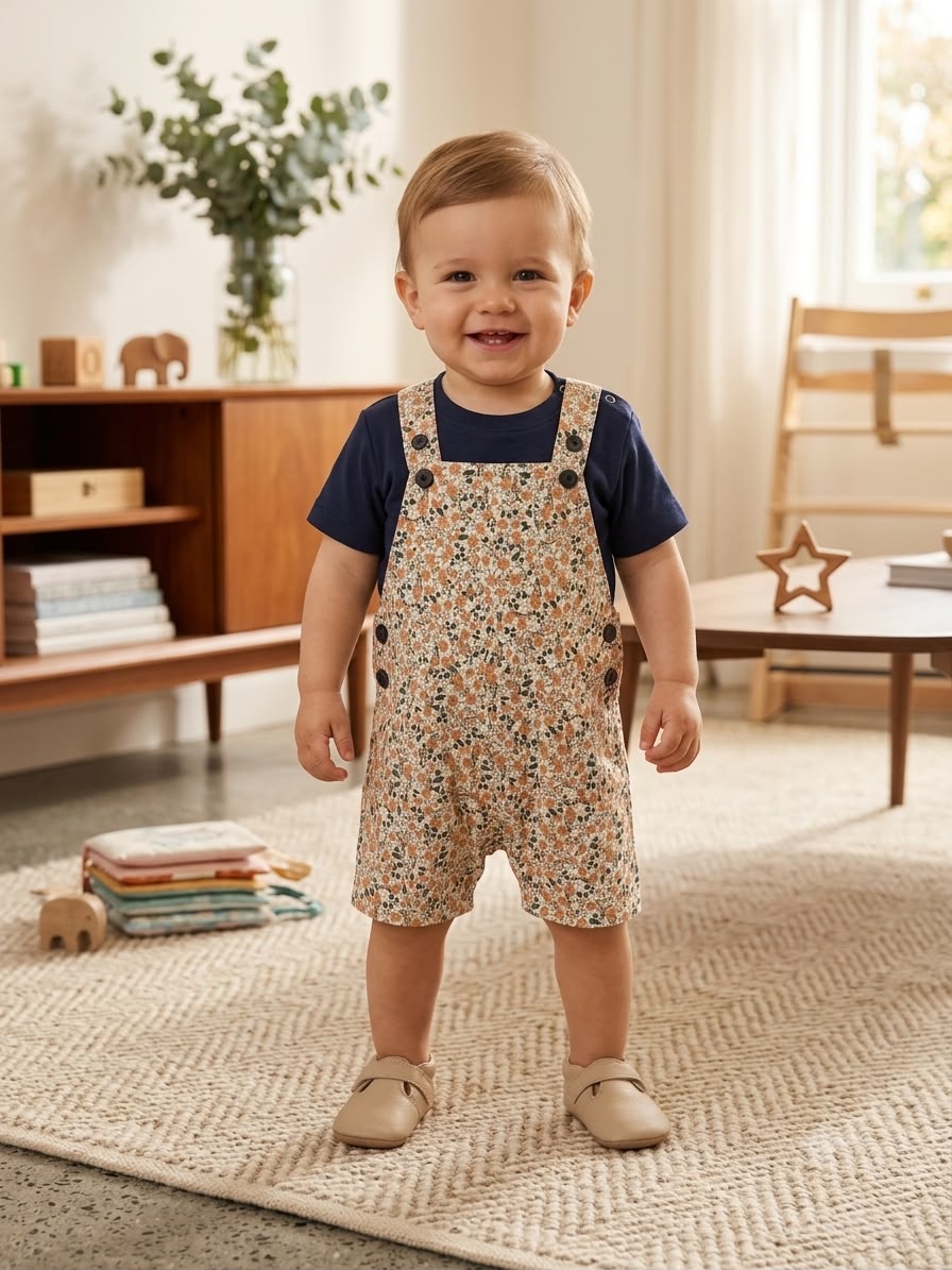 Peach Flower Romper & Navy T-Shirt