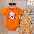 Bear Print Orange  T-Shirt & Romper