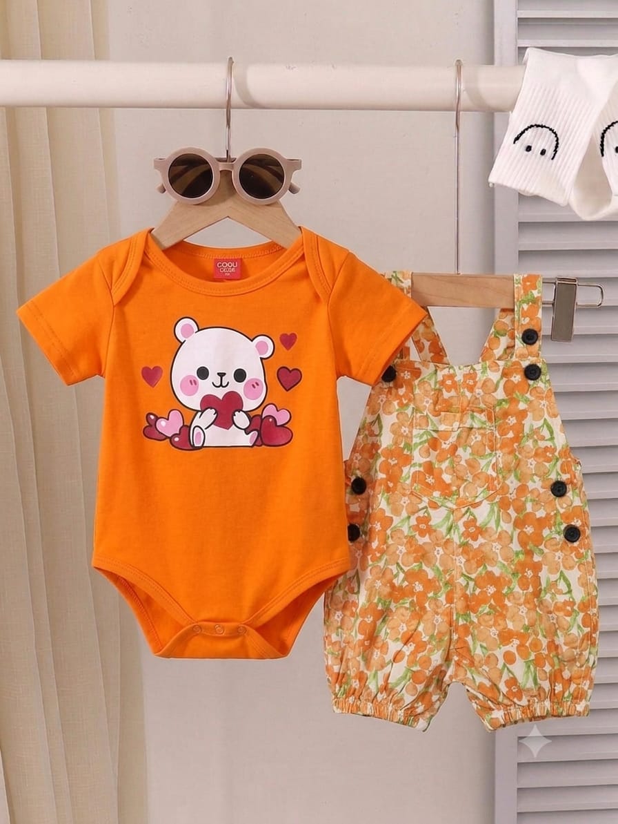 Bear Print Orange  T-Shirt & Romper