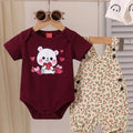 Teddy Bear Print Mahroon T-Shirt & Romper