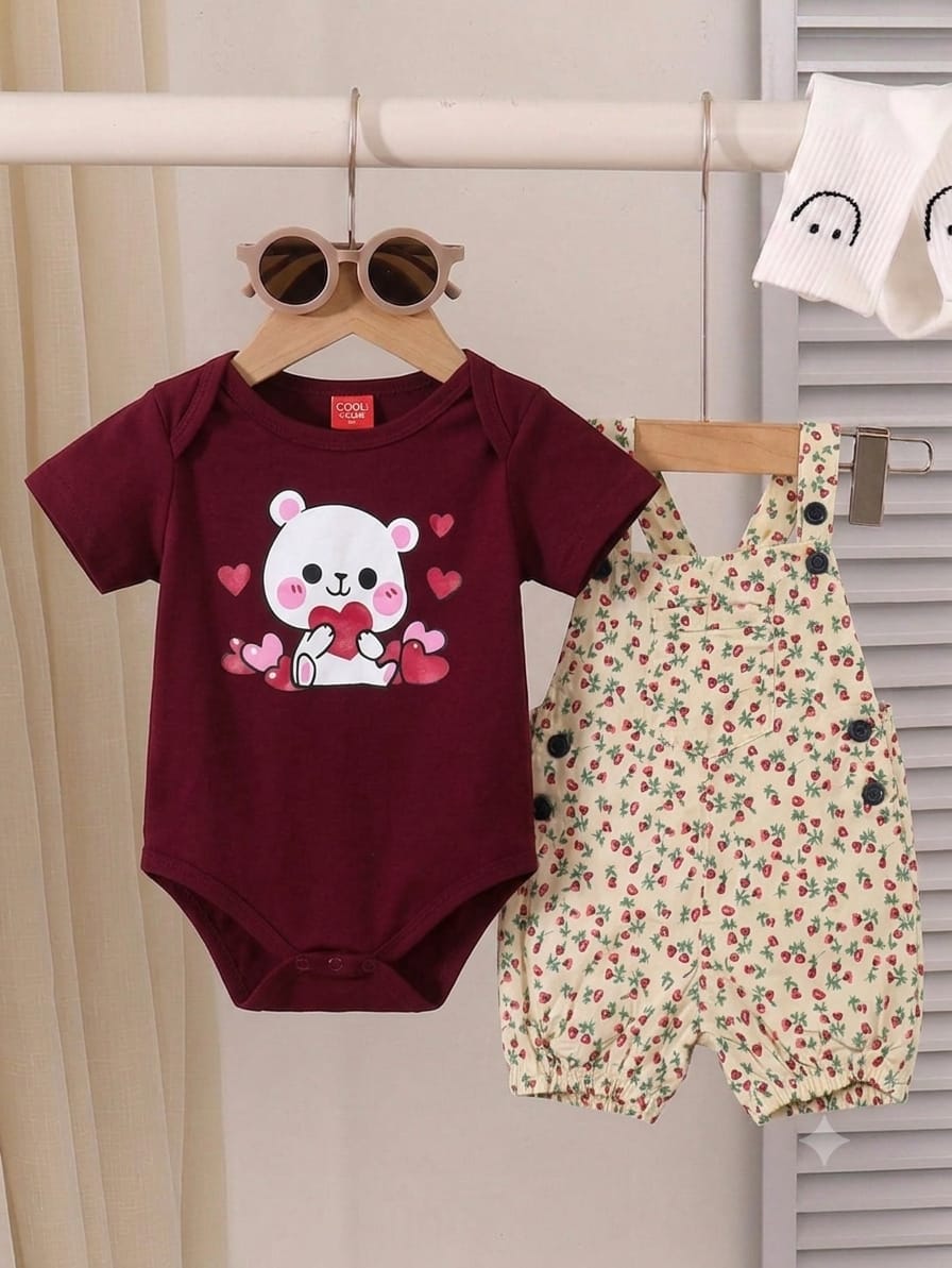 Teddy Bear Print Mahroon T-Shirt & Romper