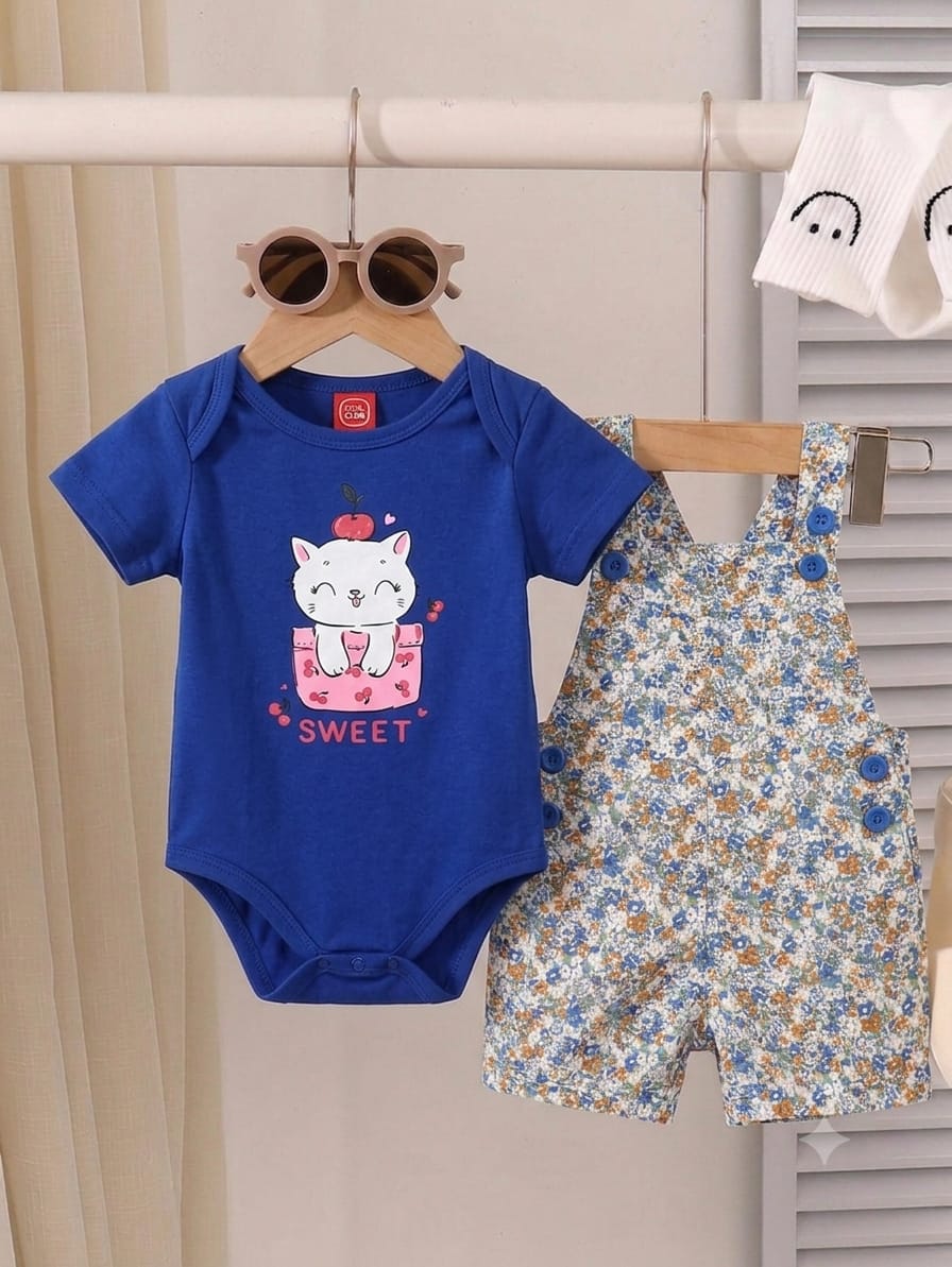 Sweet Cat Print Royal Blue T-Shirt & Romper