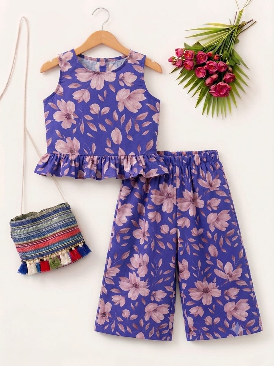 Gray Flower Sleeveless Royal Blue Pairs- Girls (R-268)