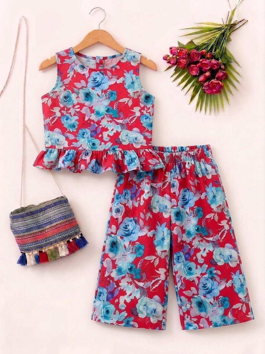 Sky Flower Sleeveless Red Pairs- Girls (R-266)