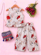 Red Flowers Print White Kurti- Pairs