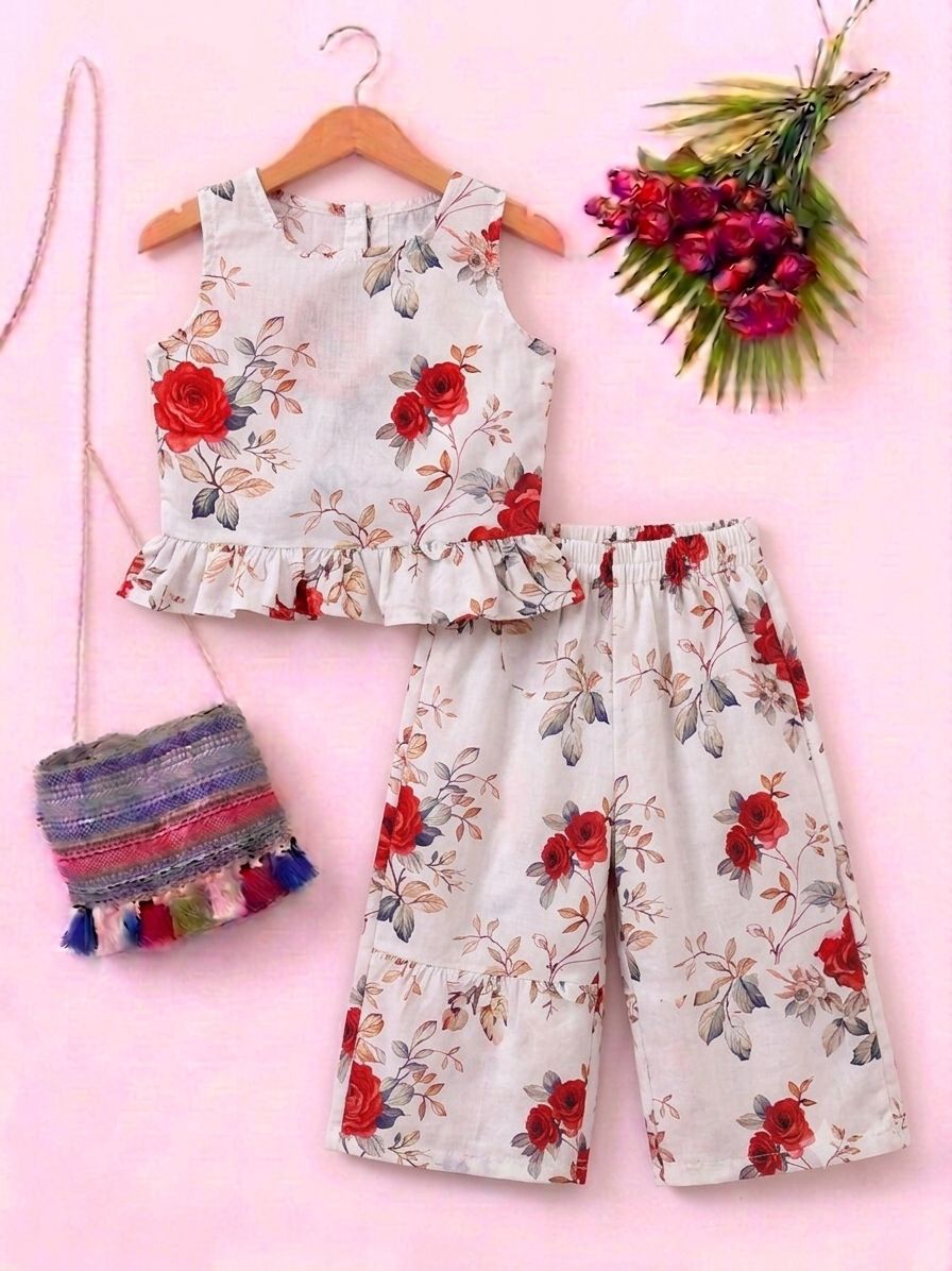 Red Flowers Print White Kurti- Pairs