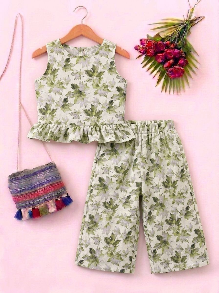 Leaves Print Sleeveless Pista Pair- Girls (R-198)