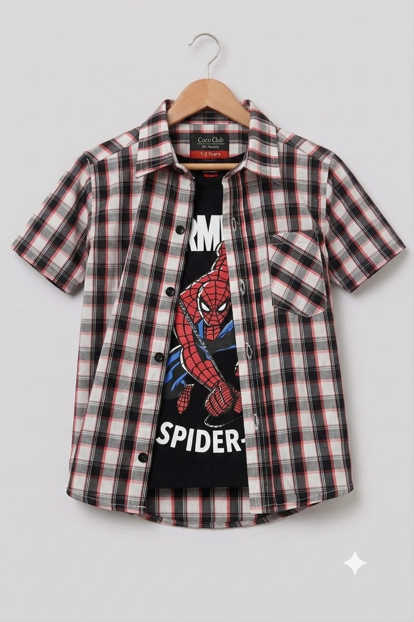 Spiderman Print Black Inner Double Casual Shirt Boys