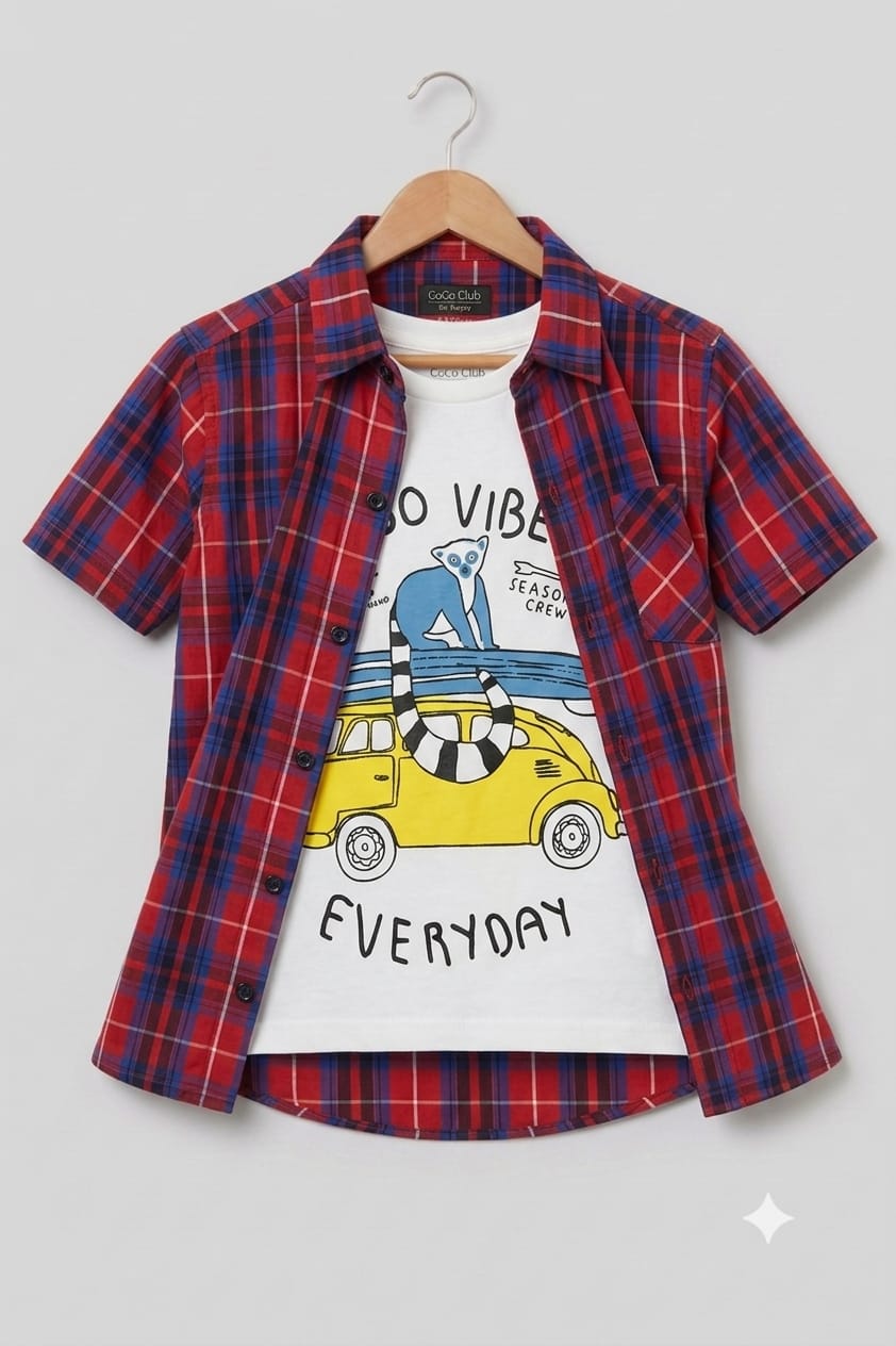 Everyday Print White inner Double Casual Shirt- Boys