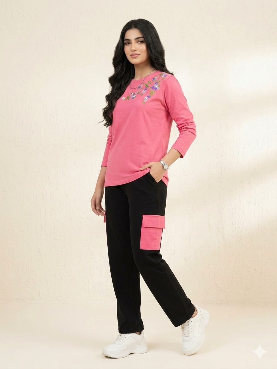 Spring Blossom Embroidery Pink Trouser Shirt For Women's