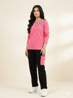 Spring Blossom Embroidery Pink Trouser Shirt For Women's
