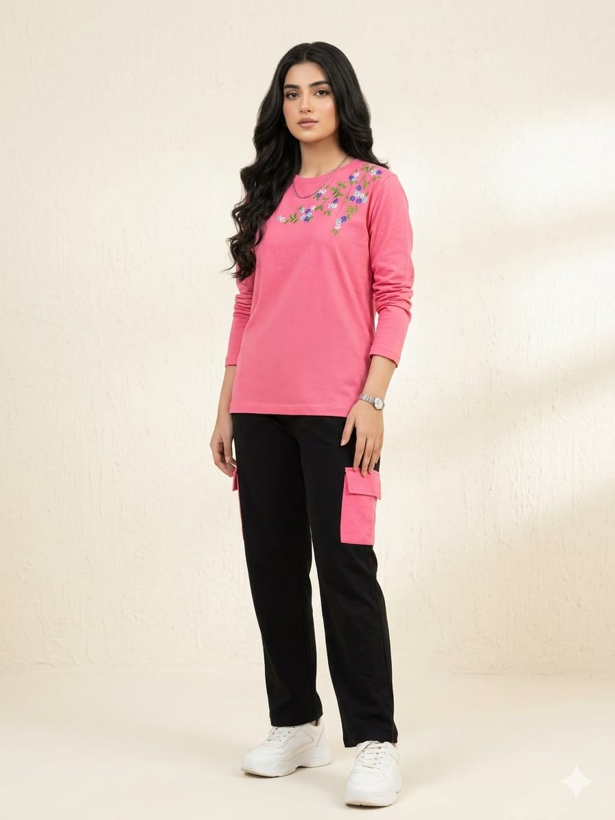 Spring Blossom Embroidery Pink Trouser Shirt For Women's