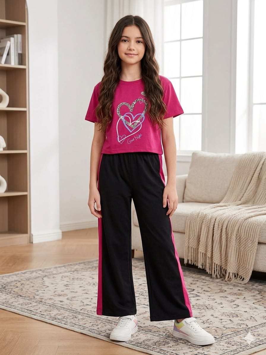 Good Heart Dark Pink Baggy Trouser  Shirt- Girls