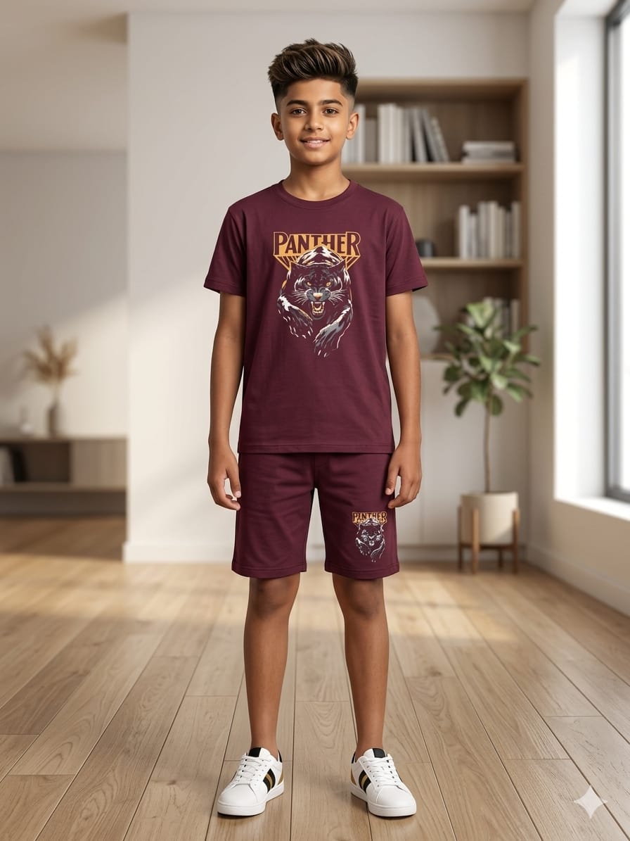 Panther Print Mahroon Nicker Suit- Boys