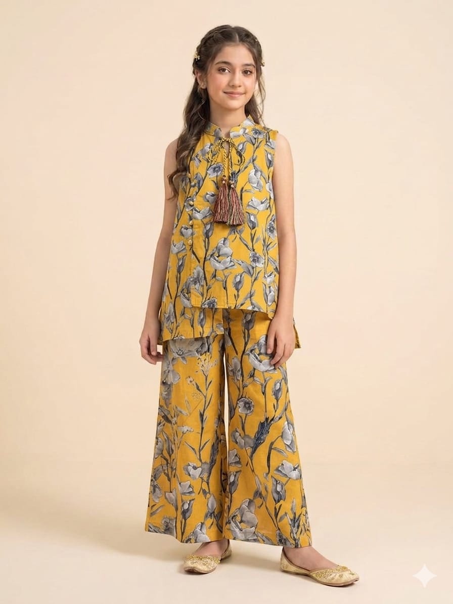 Gray Flower Yellow Angrakha Style Pairs Girls