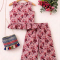 Ruby Leaf Print Sleeveless Peach Pair- Girls (R-243)