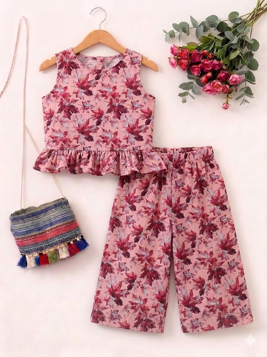 Ruby Leaf Print Sleeveless Peach Pair- Girls (R-243)