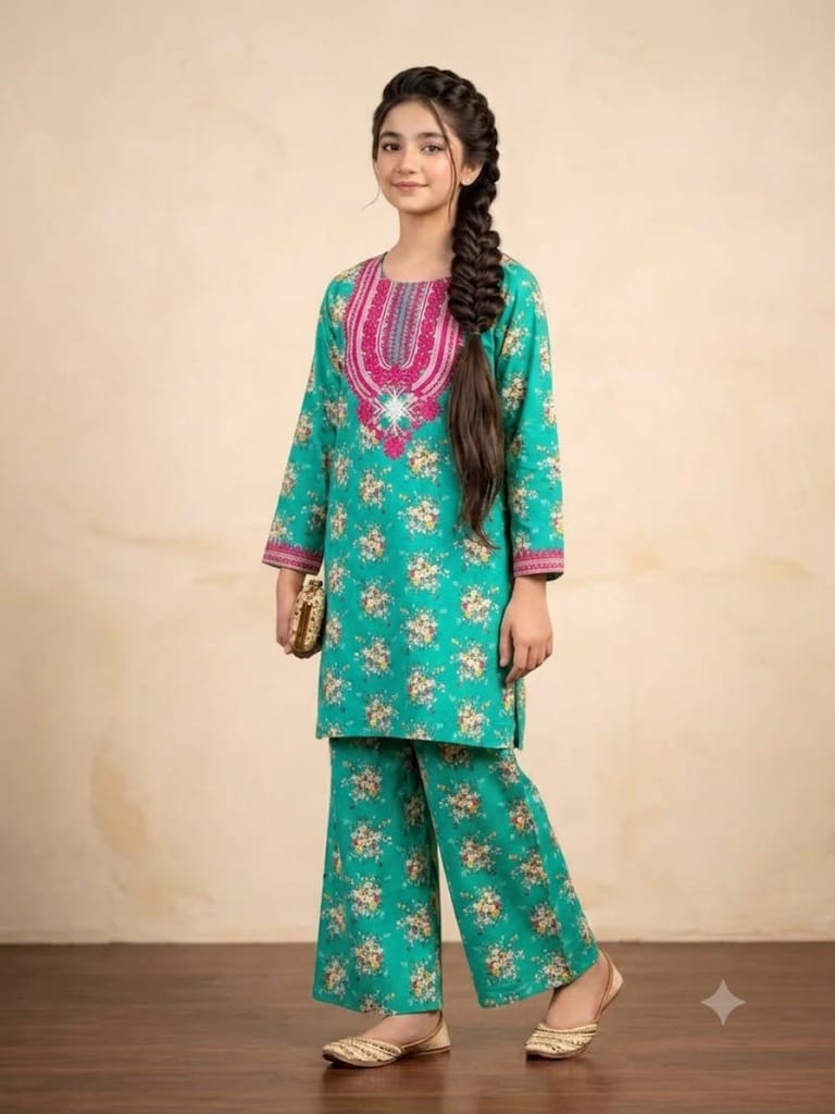 Front Embroidery C-Green 2Pcs Suit Girls